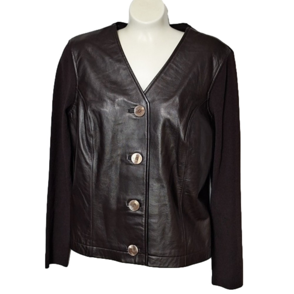 Anne Klein Sweater Jacket Genuine Leather Button Down
